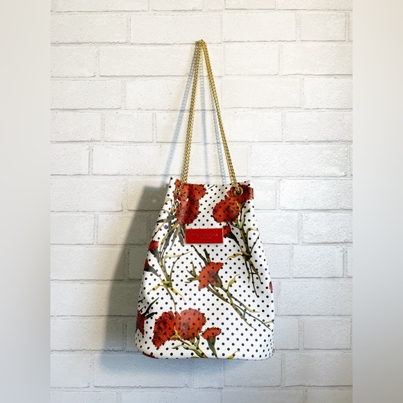 Posh Original Thailand Handbags - Stylish New Red Floral & Black Polka Dot Gold Chain Bucket Shoulder Bag